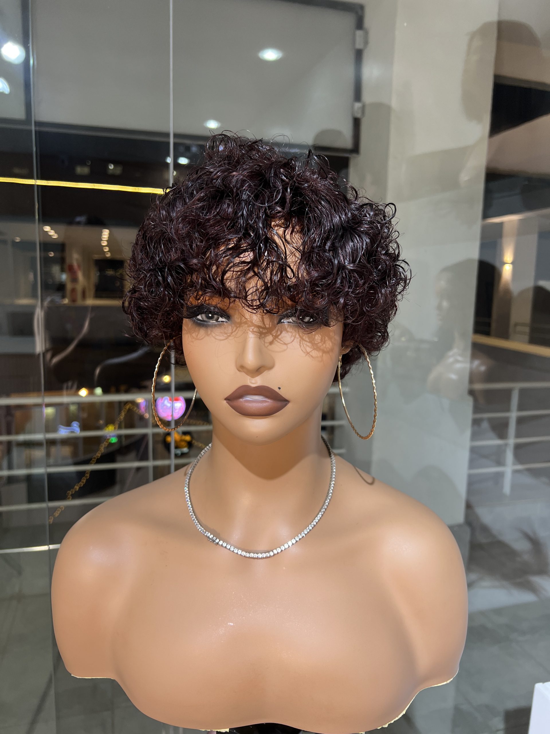 Short curly pixie human hair burgundy