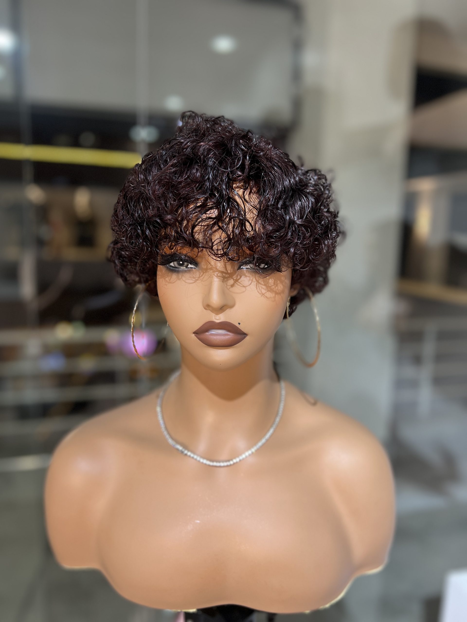 Short curly pixie human hair burgundy