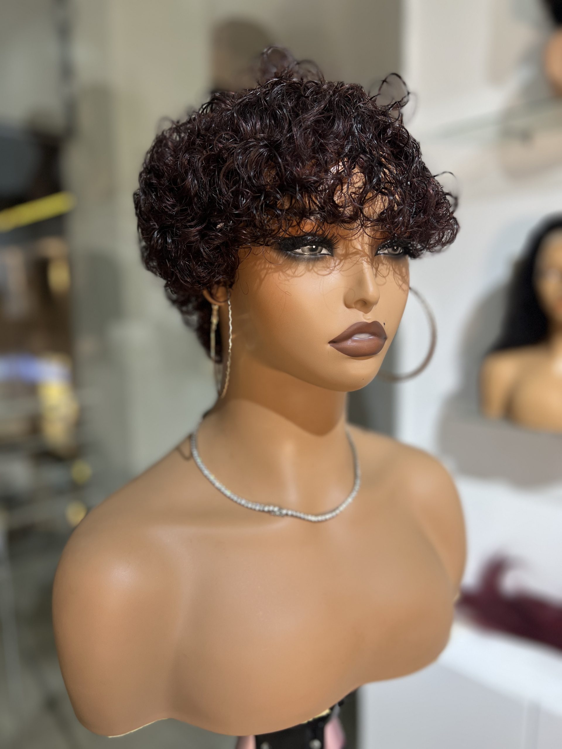 Short curly pixie human hair burgundy