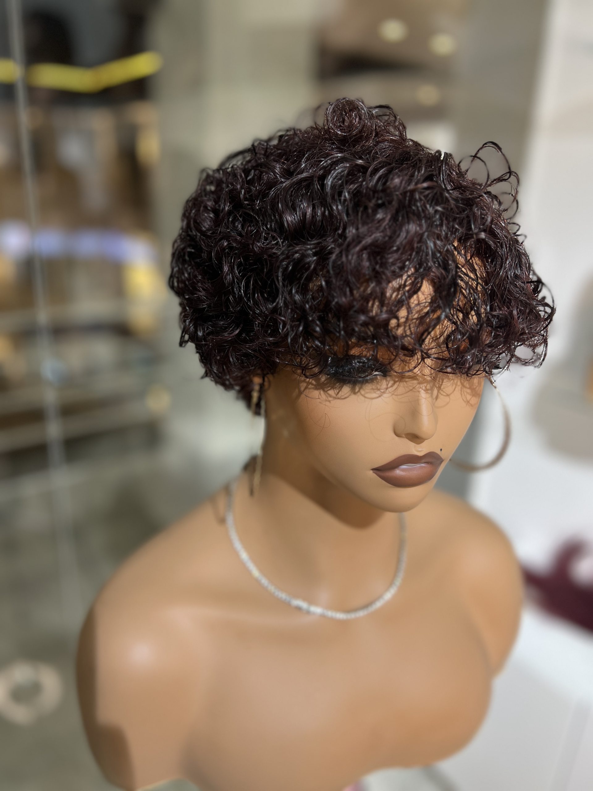 Short curly pixie human hair burgundy