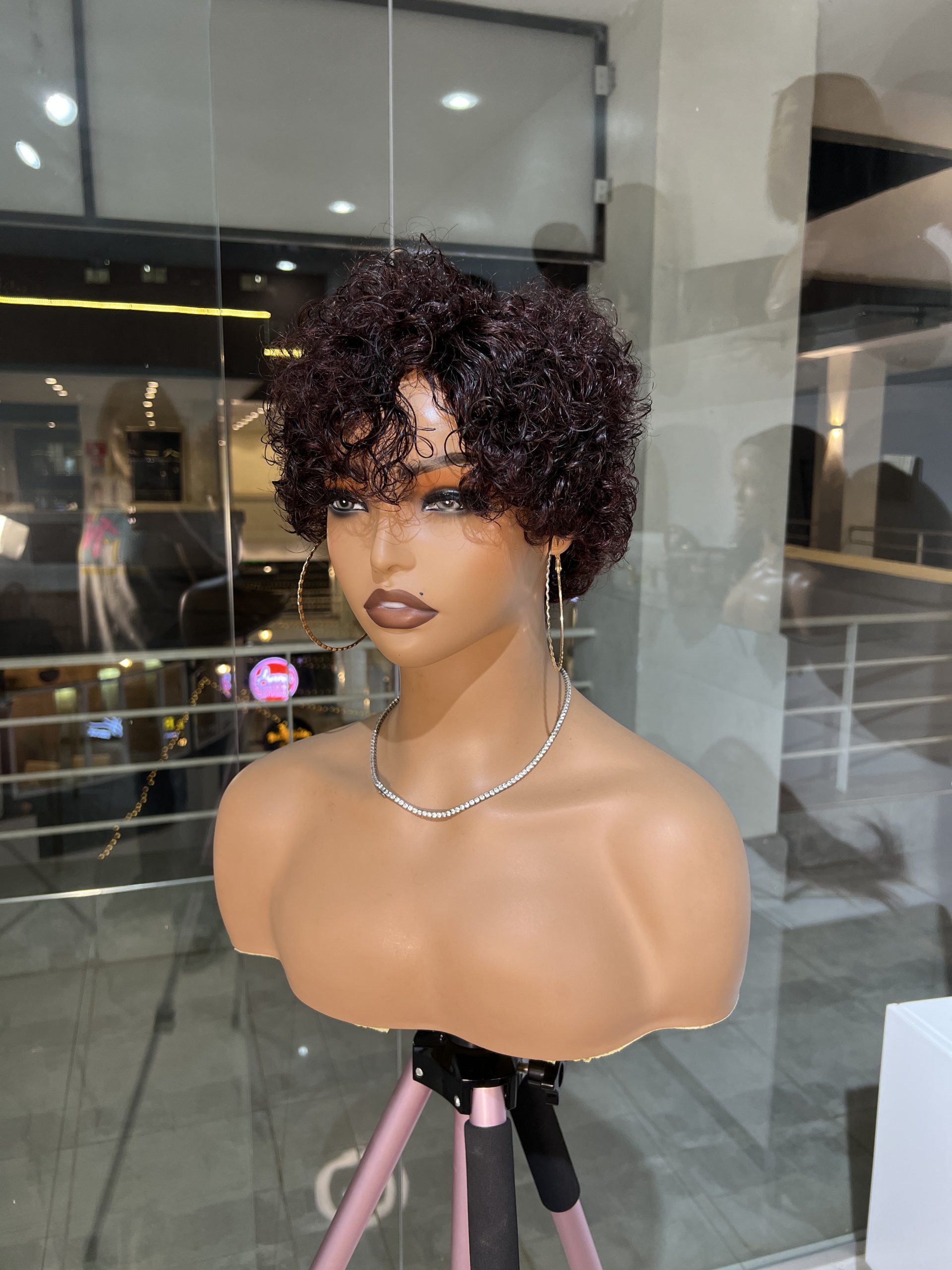 Short curly pixie human hair burgundy