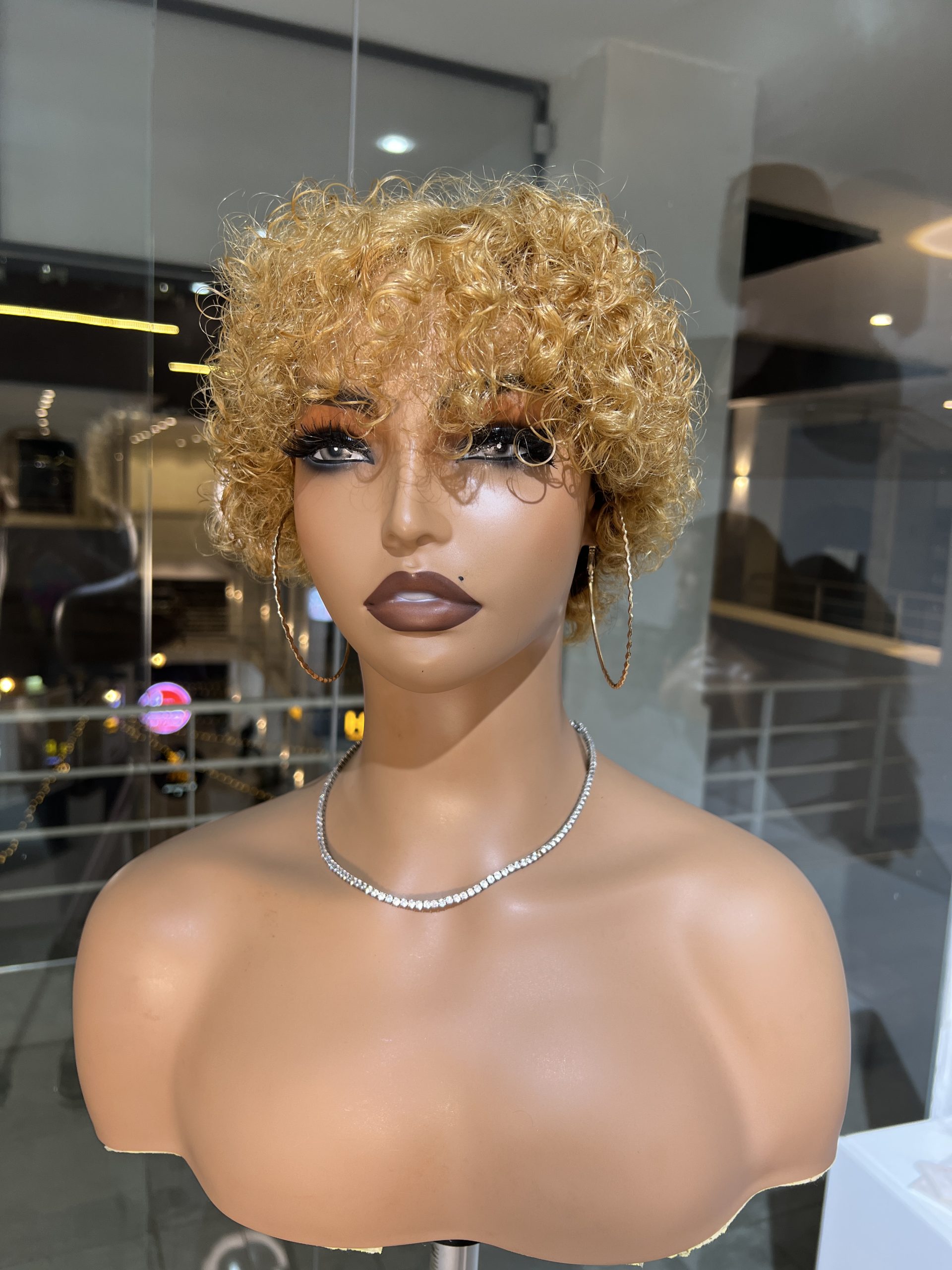 Human hair pixie curls in blonde