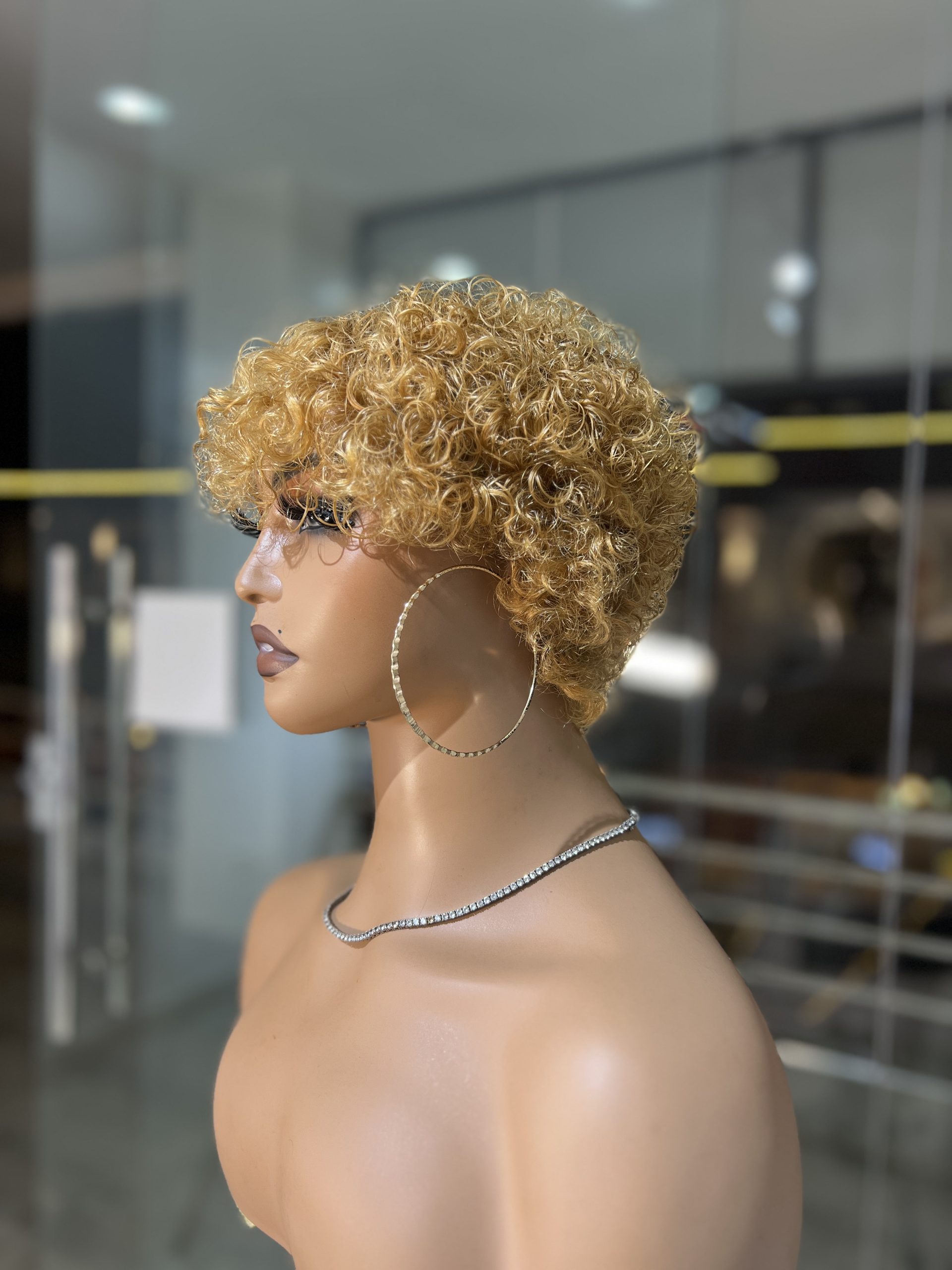 Human hair pixie curls in blonde