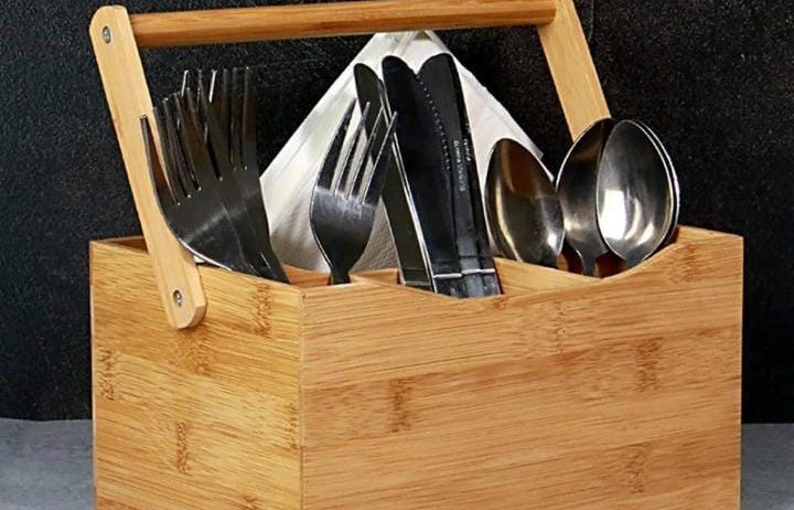 Portable Kitchen Caddy Bamboo Desk Holder, Cutlery Box, Utensil Tray