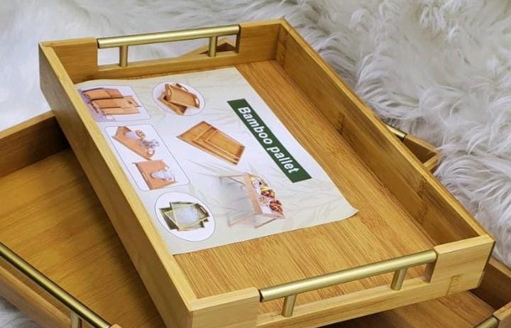 3in1 Bamboo Tray Set – Gold Handles, Stackable, Multi-Use